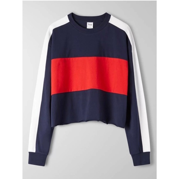 Aritzia TNA M Agden T-Shirt Long Sleeve Colorblock Navy Red White 69443 - Picture 3 of 9